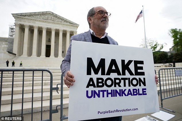 An anti-abortion activist stands outside the Supreme Court on Wednesday as the court hears arguments on Idaho's law that bans abortion in almost all situations.