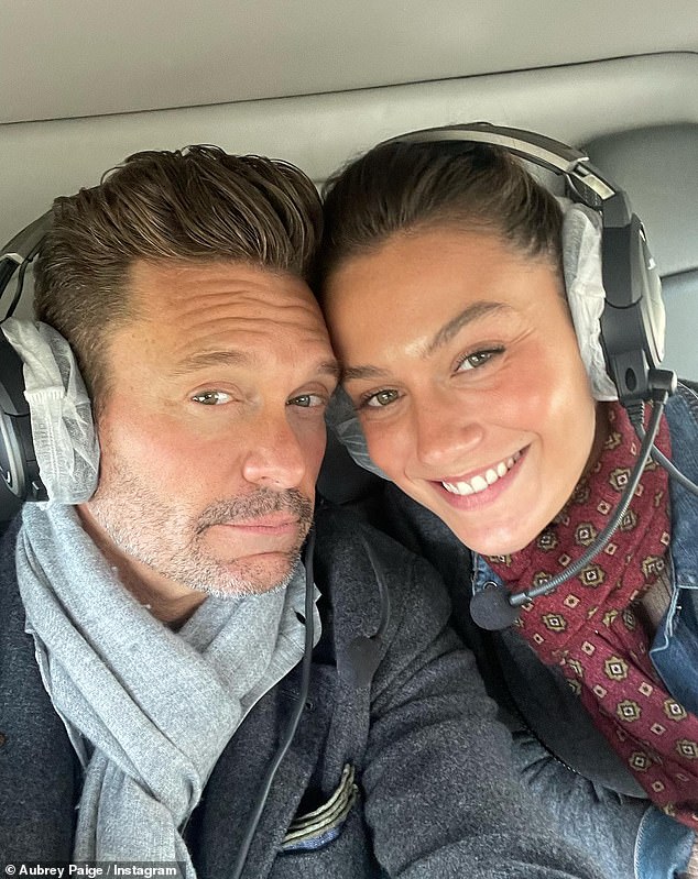 Two of the snaps were of the couple playing golf and the other was of their heads together with headphones on while aboard what appears to be a helicopter.