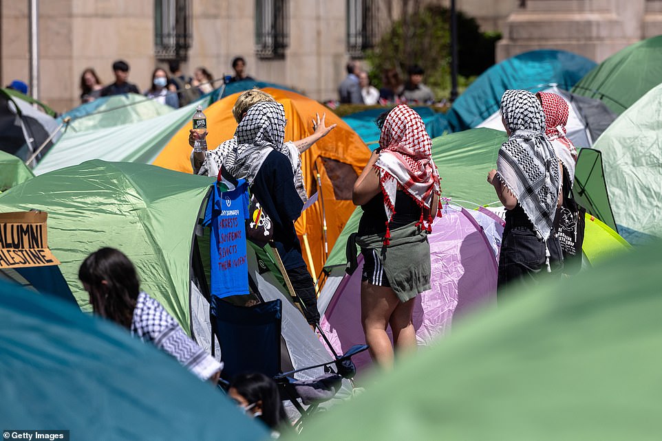 Student protesters occupy the pro-Palestinian 'Gaza Solidarity Camp' on the West Lawn of Columbia University on April 24.