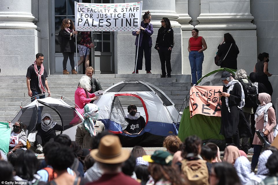 Pro-Palestinian protesters set up a tent camp in front of Sproul Hall on the UC Berkeley campus on Monday.