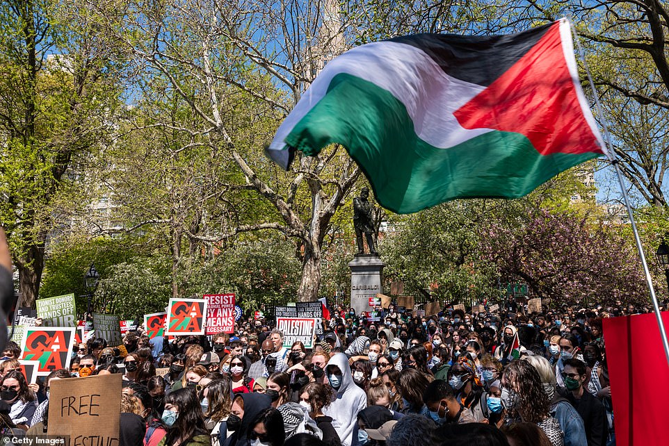 New York University (NYU) students and faculty participate in an anti-Israel protest in Washington Square Park on Tuesday.