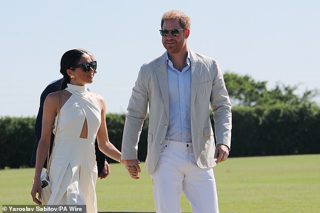 The Duke and Duchess of Sussex at the Royal Salute Polo Challenge, benefiting Sentebale, at the USPA National Polo Center in Wellington, Florida, on April 12, 2024.