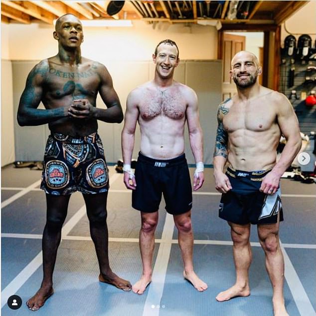 Mark Zuckerberg (center) trained with UFC champions Israel Adesanya (left) and Alex Volkanovski (right)