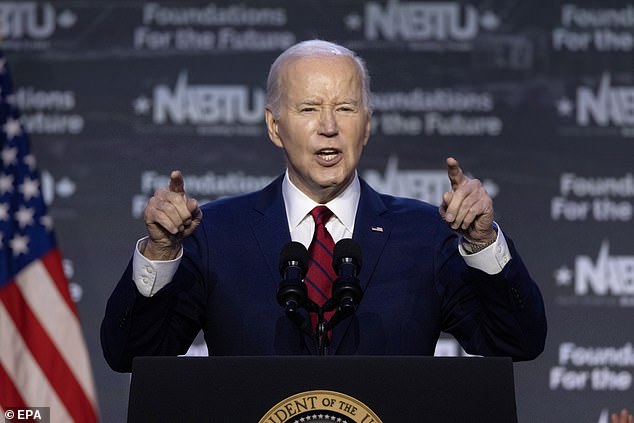 US President Joe Biden speaks at the North American Construction Unions 2024 Legislative Conference in Washington on April 24.