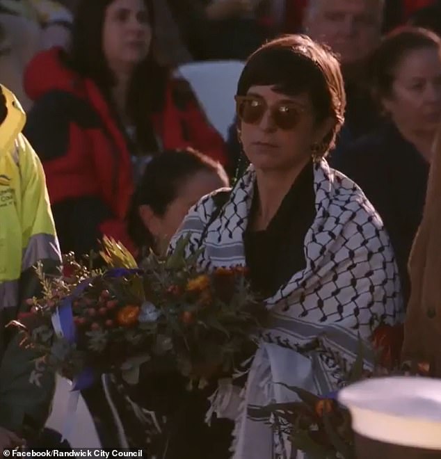 Mrs Pandolfini wore the traditional headdress at a dawn service in Coogee on Anzac Day.  The keffiyeh has recently become a symbol of support for Palestine.