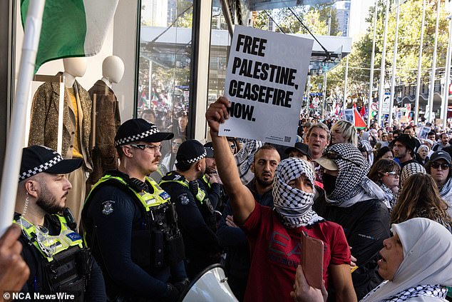The University of Melbourne will hold a protest on Anzac Day calling on the university to stop accepting 'blood money' (pictured are pro-Palestinian protesters who gathered on Sunday)