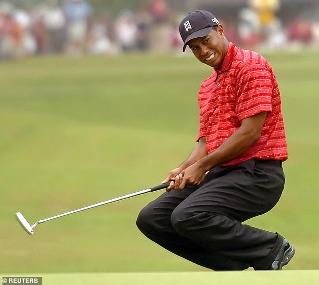 Tiger Woods reacts to missing his birdie putt on the sixth green during the final round of the 105th U.S. Open in Pinehurst, North Carolina, in 2005. He finished in a tie for third that year.