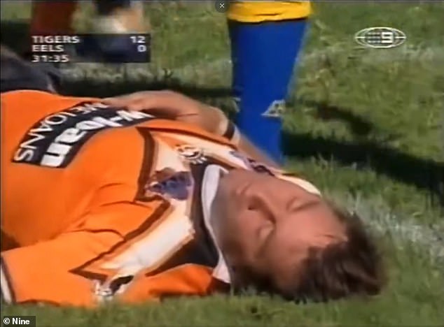 'Tezza' didn't reserve all his jocular humor for the TV studio, as he demonstrated when he put on some of the most outlandish performances you'll ever see when he pretended to have been knocked out during a Wests Tigers game against Parramatta (pictured).  )