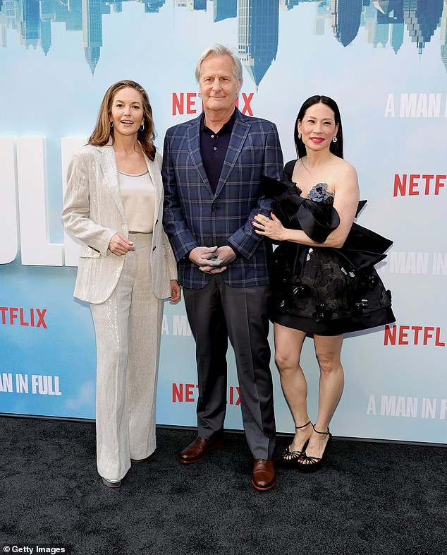 Both Lane and Liu posed several times with their lead co-star Jeff Daniels, who plays Atlanta real estate mogul Charlie Croker in the Netflix series.