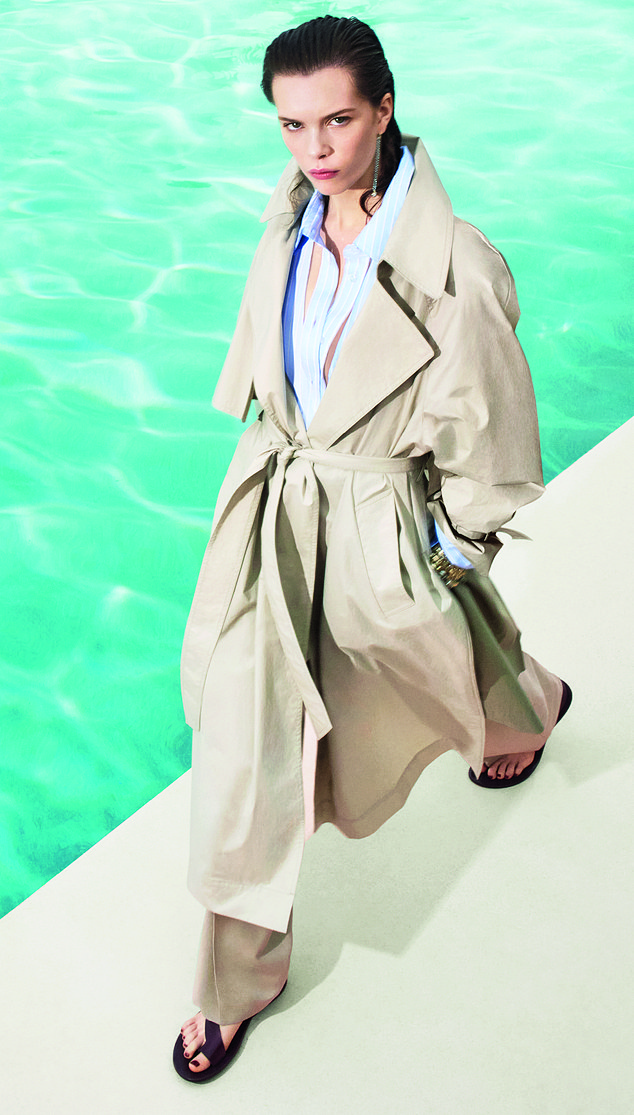 The model pictured above is wearing: trench coat, £300, split shirt, £90, trousers, £115 and sandals, £120.