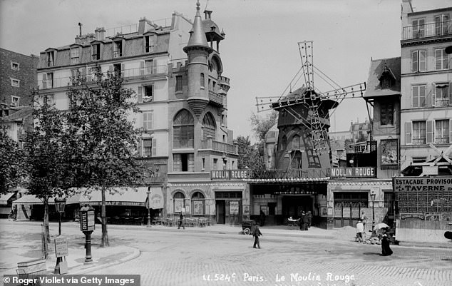 A photo shows the Moulin Rouge around 1895. The building was damaged by fire in 1915.