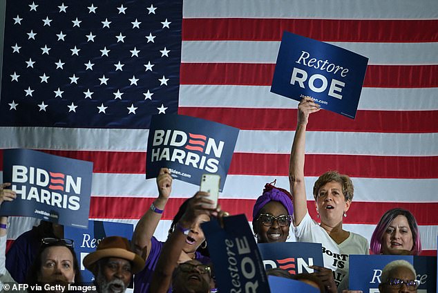Supporters of US President Joe Biden applaud as they wait for his speech on abortion rights.