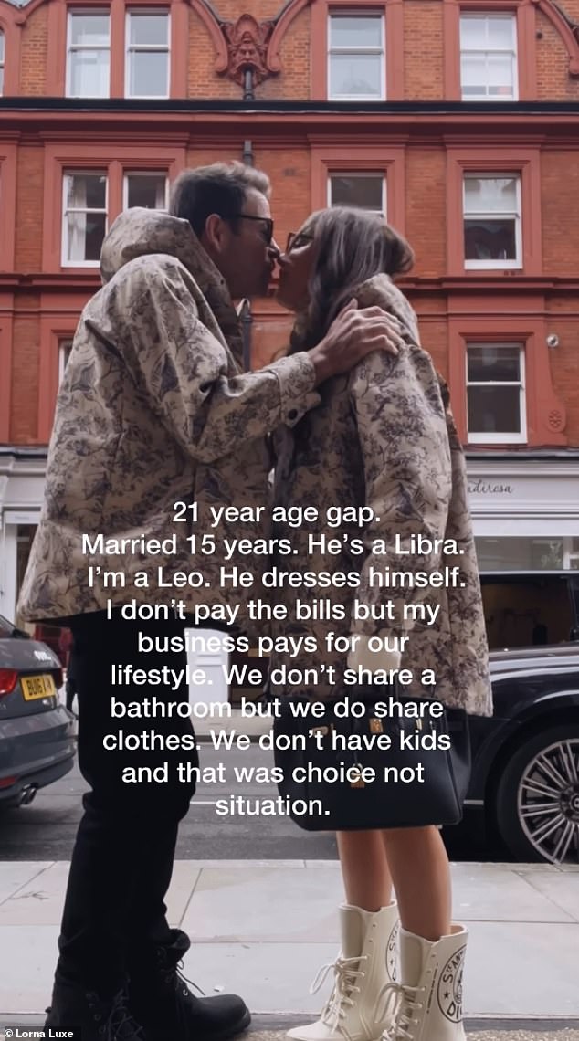 Over a sweet video of them cuddling on the street, she wrote: '21 year age difference.  Married 15 years.  He is Libra.  He dresses himself.  I don't pay the bills but my business pays for our lifestyle.'