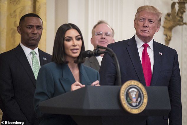 Kim Kardashian (left) addresses a crowd in the East Room about criminal justice reform alongside former President Donald Trump (right) in June 2019.