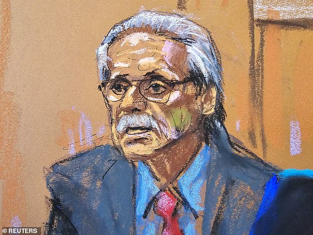 David Pecker is questioned during the criminal trial of former US President Donald Trump accused of falsifying business records to hide money paid to silence porn star Stormy Daniels in 2016, at Manhattan State Court in New York City, USA. , on April 23, 2024 in this courtroom sketch.