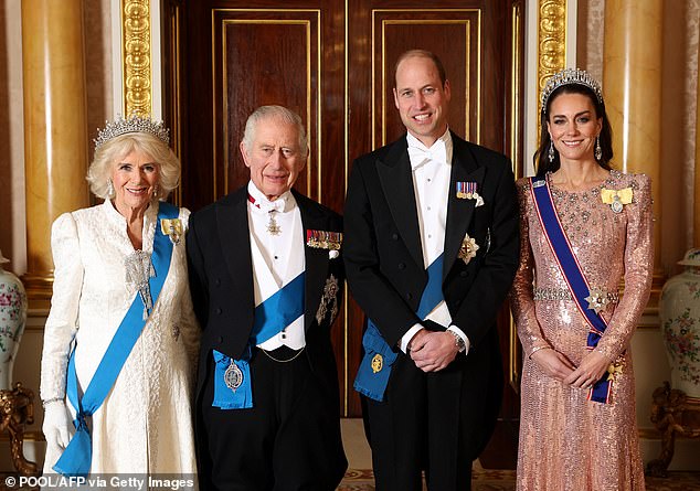 Camilla, Charles, William and Kate smile in their best at the reception for members of the Diplomatic Corps at Buckingham Palace in 2023.