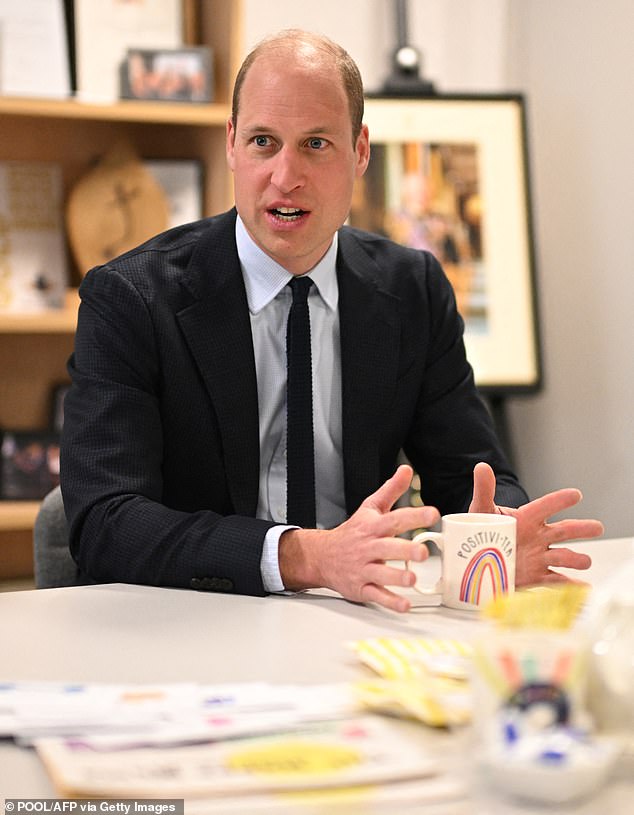 Following the day's theme of maintaining good mental health, William sipped a drink from a mug that read: 