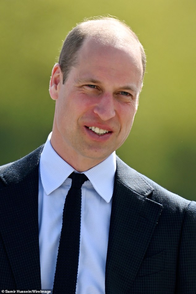 Prince William looked dapper in a dark suit with a blue checkered shirt and a skinny black tie as he smiled upon his arrival.