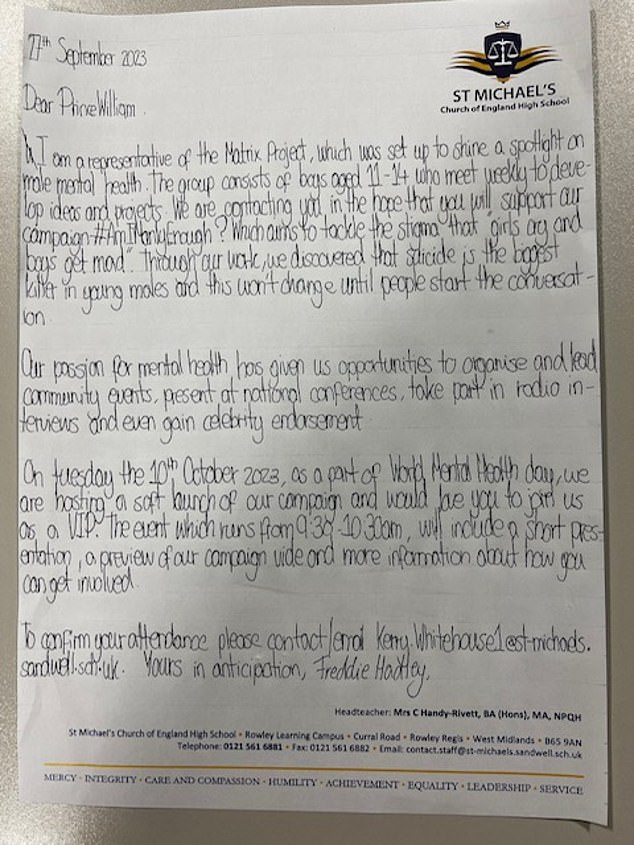 Freddie Hadley, 12, wrote to the Prince of Wales last year telling him about the initiative he and his classmates had set up to help pupils manage their mental health.