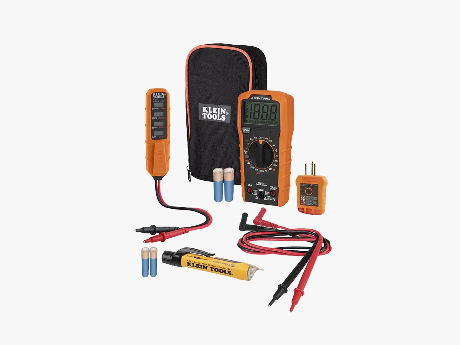 Black and orange digital meter cables, battery box and additional accessories.