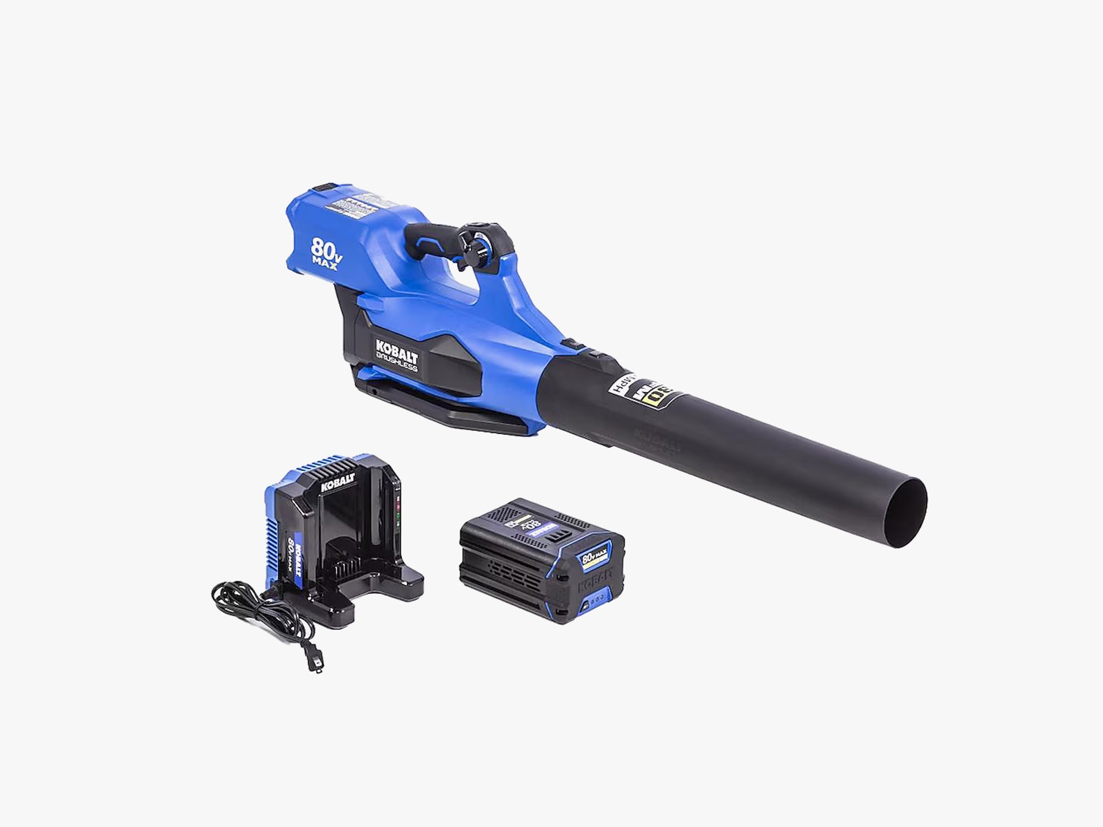 Black and blue leaf blower with charger on the side