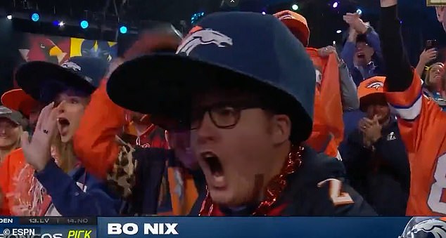 Nix's selection by the Broncos was celebrated by a Broncos fan with a huge hat
