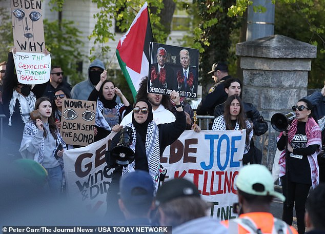 Pro-Palestinian protesters marched down Main Street and Broadway in Irvington to protest the president's visit.