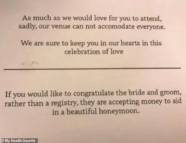 A cheeky couple believed to be American sent cards to those who weren't on the wedding guest list but still asked for money to fund their wedding. 