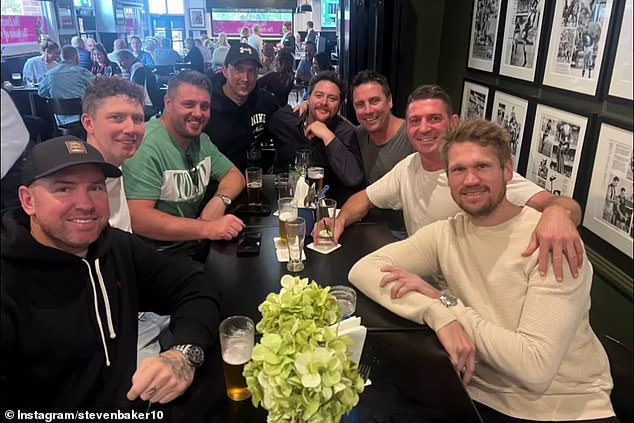 His St Kilda teammates have refused to turn their backs on him despite the shocking nature of his crimes, and Steven Baker (second from right) recently posted a series of photographs of stars including Nick Dal Santo and Stephen Milne supporting Fisher ( third from the left).  (in the photo)