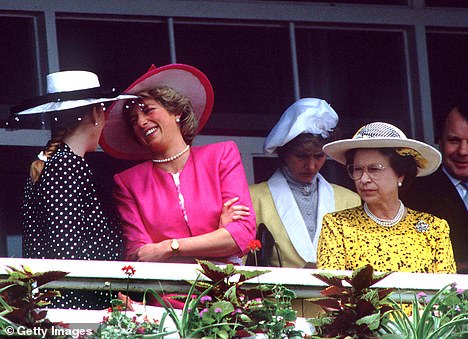 Three's a crowd: Sarah, Duchess of York, shares a joke with Princess Diana as Queen Elizabeth looks on