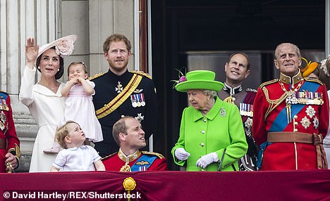 A royal rebuke: Queen Elizabeth gestured for Prince William to stand up on the balcony of Buckingham Palace
