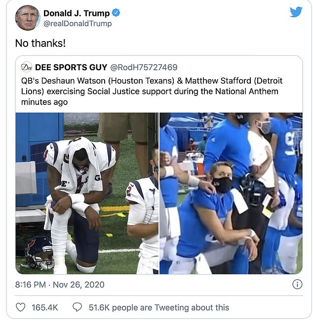 Trump has long been a critic of the NFL, lashing out at issues such as players kneeling during the national anthem (pictured).