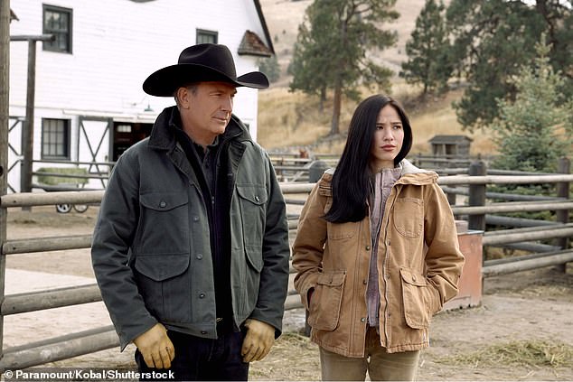 Kevin Costner as John Dutton and Kelsey Asbille as Monica Long-Dutton in the hit show Yellowstone