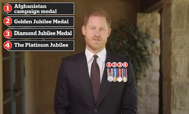 Harry's medals (from left to right) included his Afghanistan service medal, as well as gold, diamond and platinum medals for his grandmother, Queen Elizabeth II.
