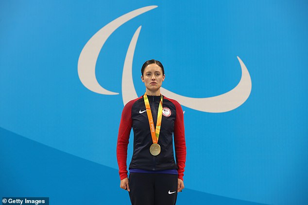 She also collected meals at the Rio Paralympics in 2016 (pictured she won gold in the women's 100m breaststroke).