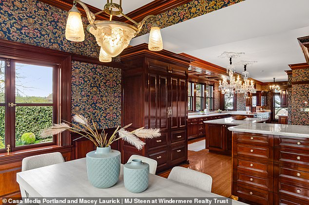 Wooden drawers and cabinets are located in the kitchen with marble countertops.