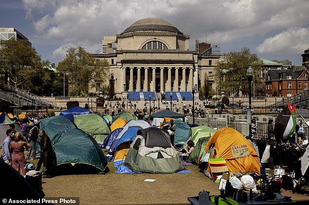 The pro-Palestinian demonstration camp is seen at Columbia University on Friday.