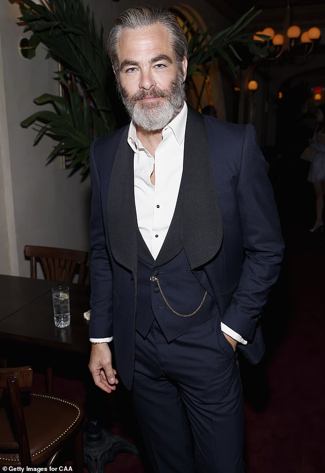 Another celebrity at the CAA party was none other than Chris Pine, who was almost unrecognizable behind his luscious gray beard.