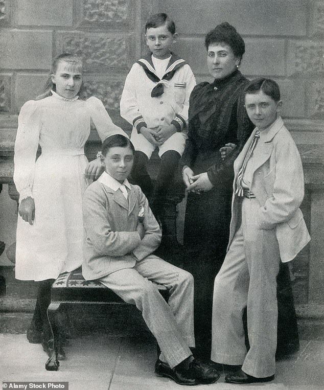 Princess Beatrice, Queen Victoria's youngest daughter, is pictured with her four children.  From left, they are: Ena, Leopold, Maurice (in sailor suit) and Alexander, 1st Marquis of Carisbrooke.