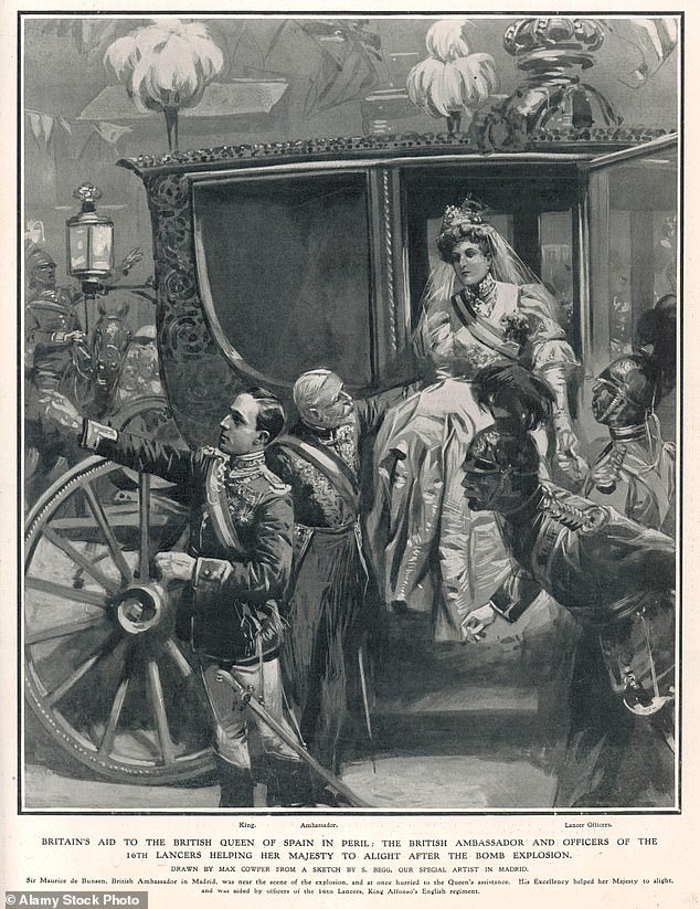 A period illustration showing the British ambassador and officers of the 16th Lancers helping Queen Ena descend after the bomb explosion.