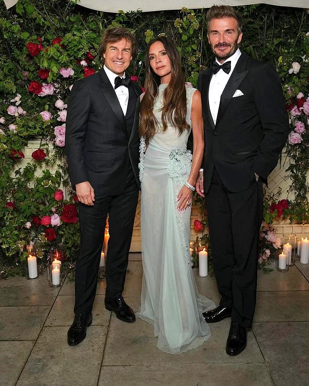 Meanwhile, Tom has been mixing work and play during his long trip to Europe, and even partied the night away with his friends the Beckhams at Victoria's 50th birthday party on Saturday night.