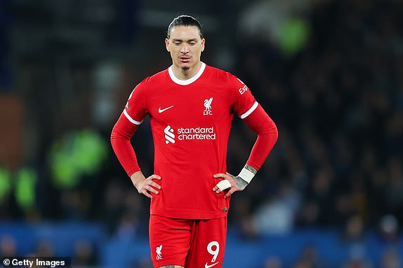 LIVERPOOL, ENGLAND - APRIL 24: Darwin Nunez of Liverpool looks dejected during the Premier League match between Everton FC and Liverpool FC at Goodison Park on April 24, 2024 in Liverpool, England.  (Photo by James Gill - Danehouse/Getty Images)