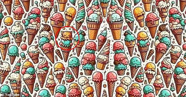 The orange cat was located near the left center of the image, peeking out of the top of an ice cream cone.