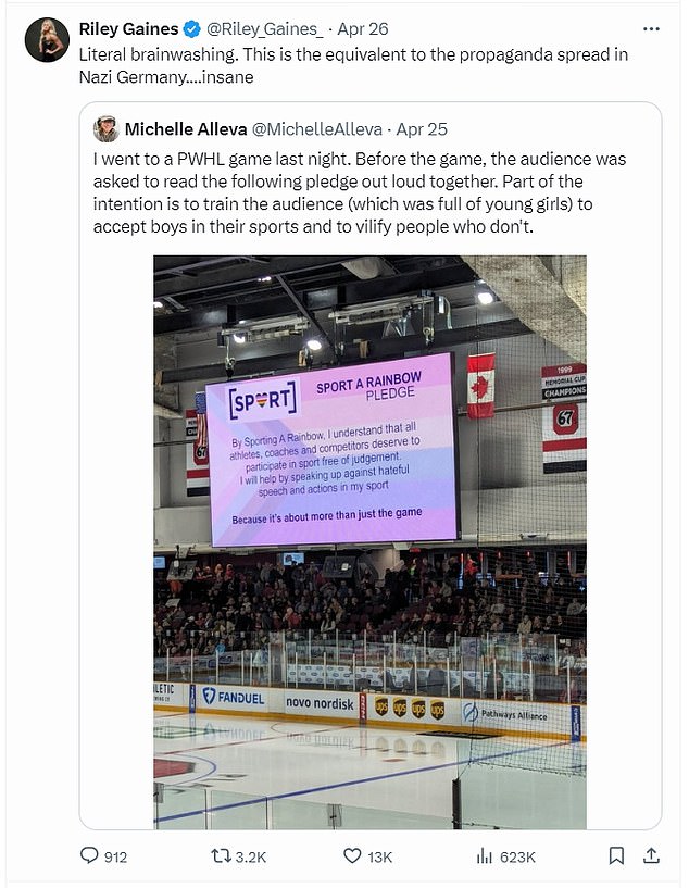 The furious former NCAA swimmer shared a post from an audience member who attended a PWHL game between Ottawa and Boston on Wednesday night at TD Place in Canada.