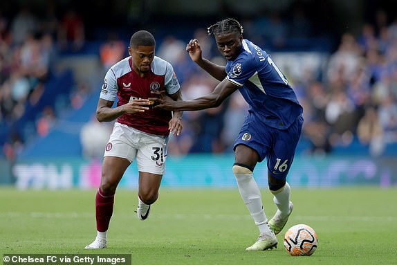 LONDON, ENGLAND - SEPTEMBER 24: Lesley Ugochukwu of Chelsea is challenged by Leon Bailey of Aston Villa during the Premier League match between Chelsea FC and Aston Villa at Stamford Bridge on September 24, 2023 in London, England.  (Photo by Chris Lee - Chelsea FC/Chelsea FC via Getty Images)