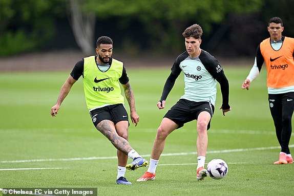 COBHAM, ENGLAND - APRIL 25: Reece James and Cesare Casadei of Chelsea during an open training session at Chelsea Training Ground on April 25, 2024 in Cobham, England.  (Photo by Darren Walsh/Chelsea FC via Getty Images)
