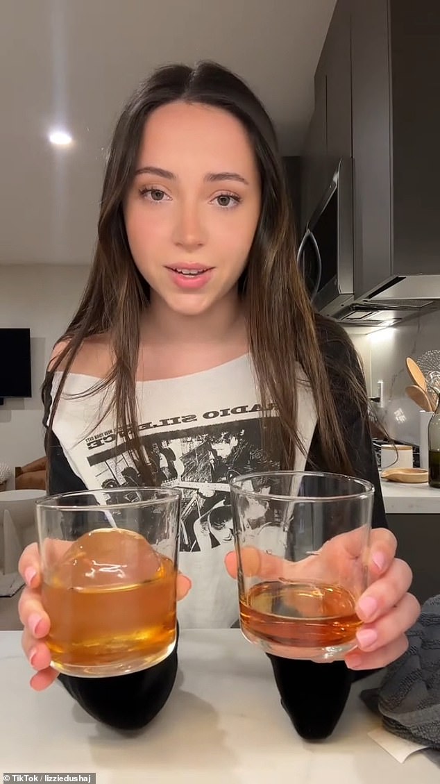 In another video, the TikToker tests how long it takes for ice balls to melt by dropping them into a glass of whiskey and seeing if it changes the taste of the hard liquor.