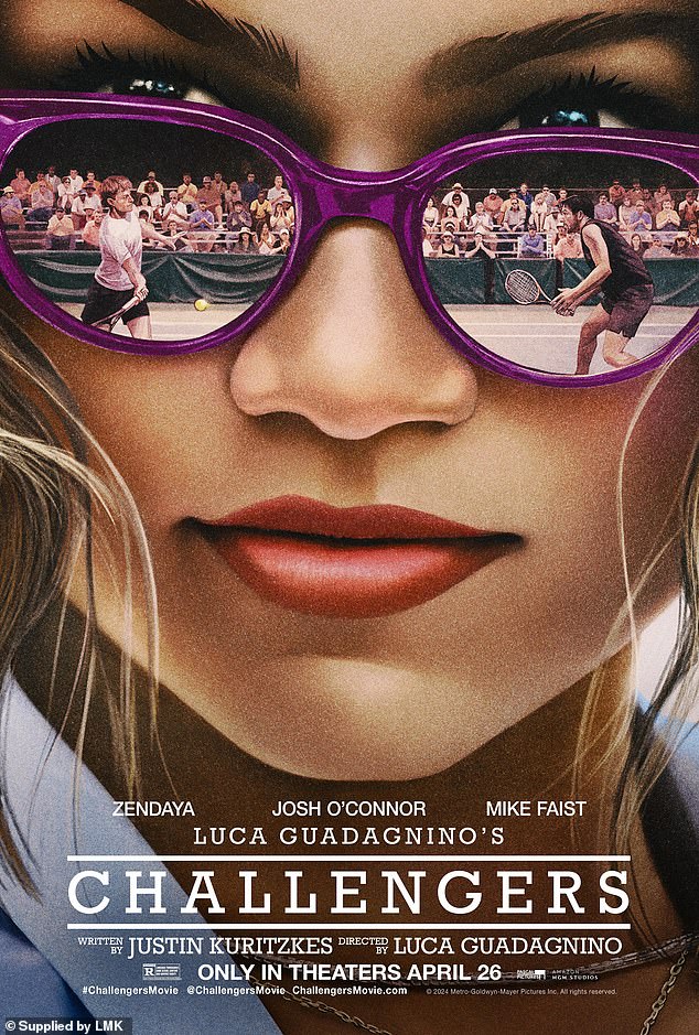 The Challengers poster shows Zendaya as Tashi Duncan, peering over a pair of sunglasses at Mike Faist's Art Donaldson and Josh O'Connor's Patrick Zweig facing off in a tennis match.