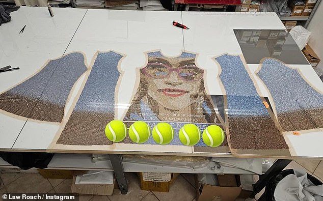 Stylist Law Roach also shared a photo of the dress under construction, with the center panel showing a close-up of Zendaya's face.
