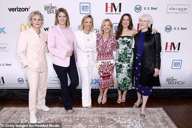 Ashlynn (left) looked pretty in a pale pink double-breasted suit.  They were seen with (L¿R) Kasie Hunt, Megan Murphy, Hilary Rosen, Sophia and Joanna Coles.